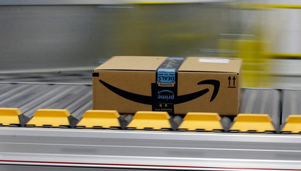 In this Feb. 9, 2018, file photo, a box for an Amazon prime customer moves through the new Amazon Fulfillment Center in Sacramento, Calif. (AP)