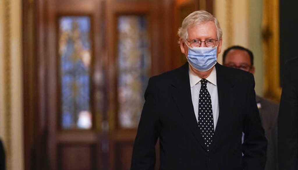 Senate Majority Leader Mitch McConnell, R-Ky., walks from the Senate floor to his office on Capitol Hill on Jan. 6, 2021. (AP)