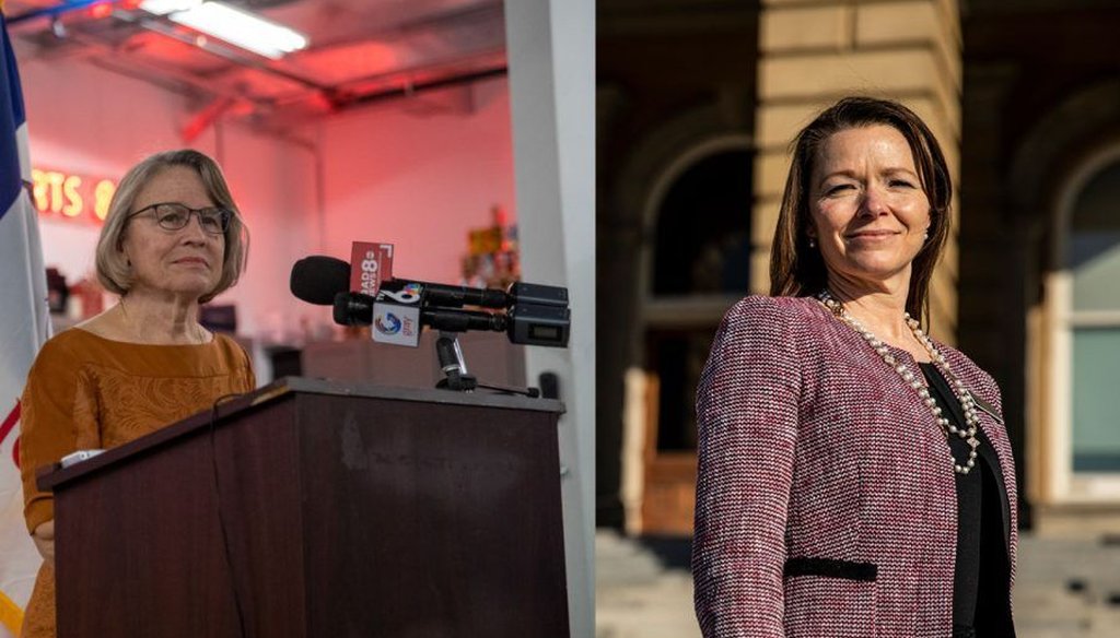Left; Rep. Mariannette Miller-Meeks, R-Iowa, announces she is seeking reelection in Iowa’s 1st congressional district on Nov. 10, 2021. Right; Rep. Christina Bohannan poses outside the Iowa State Capitol on Jan. 12, 2021. (Jerod Ringwald and Ryan Adams)