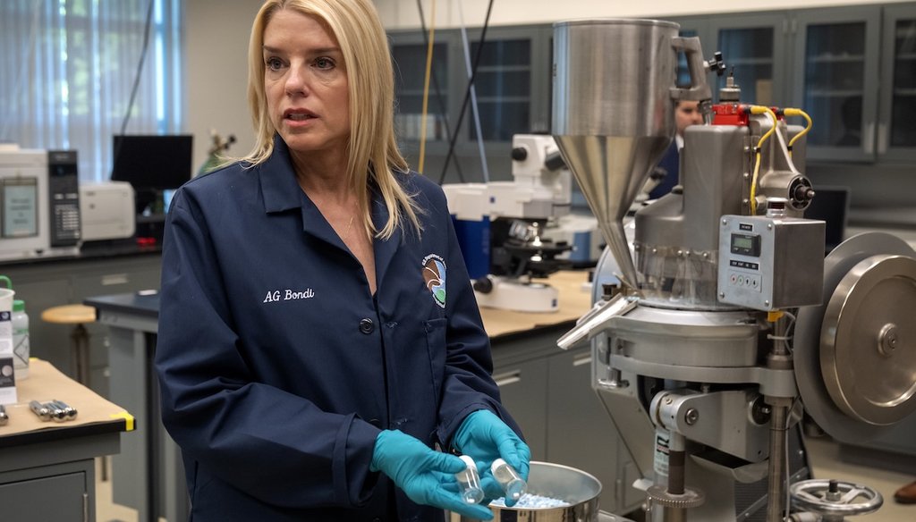 Attorney General Pam Bondi holds vials containing a genuine oxycodone pill and a counterfeit one at a Drug Enforcement Administration research laboratory, April 29, 2025, in Northern Virginia. (AP)