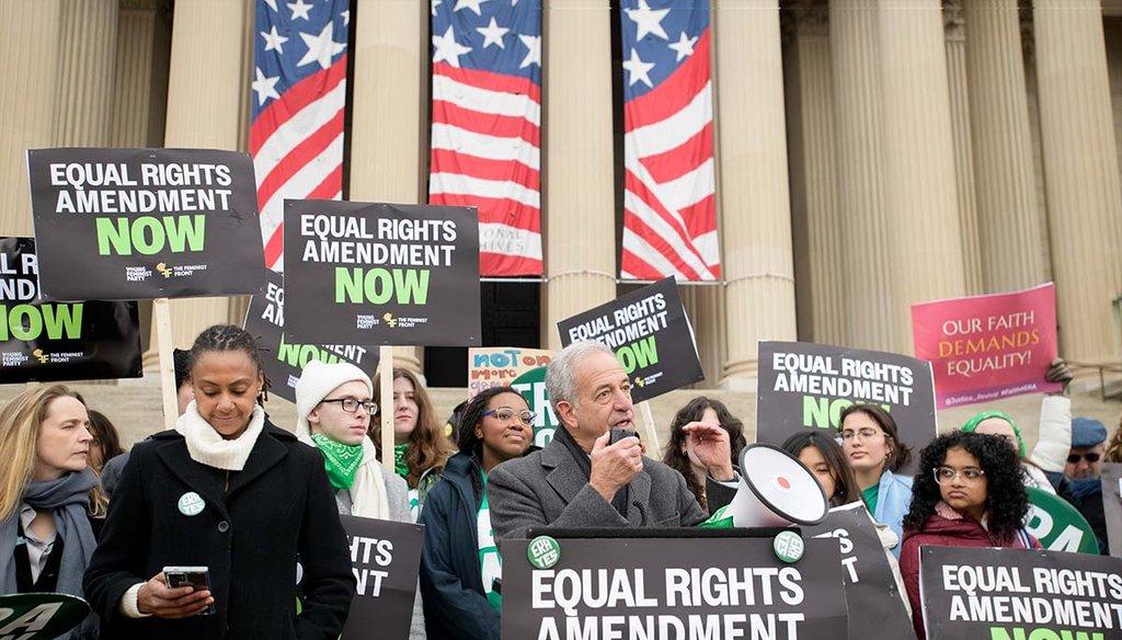 American Constitution Society President Russell Feingold leads a Jan. 17, 2025, rally at the National Archives highlighting former President Joe Biden's decision to declare the Equal Rights Amendment the Constitution’s 28th amendment. (AP)
