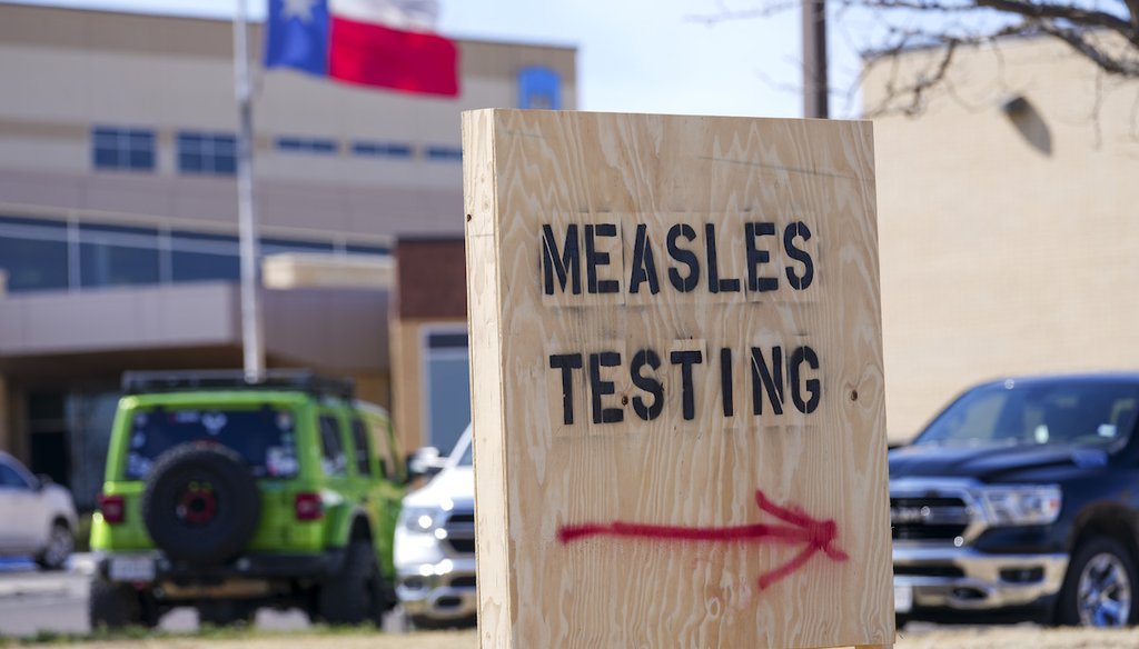 A sign is seen outside of Seminole Hospital District offering measles testing, Feb. 21, 2025, in Seminole, Texas. (AP)