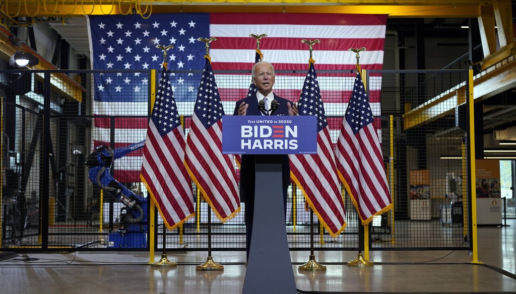 Democratic presidential candidate former Vice President Joe Biden speaks at a campaign event at Mill 19 in Pittsburgh, Pa., Monday, Aug. 31, 2020. (AP Photo/Carolyn Kaster)