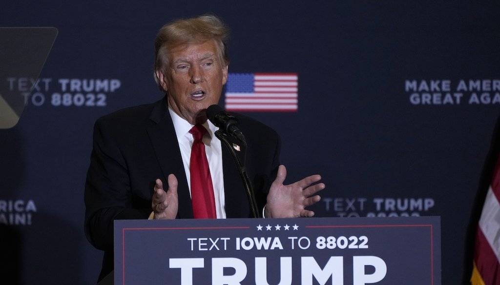 Former President Donald Trump speaks Dec. 13, 2023, during a commit to caucus rally in Coralville, Iowa. (AP)