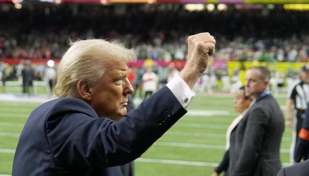 President Donald Trump walks onto the Caesars Superdome field Feb. 9, 2025, before Super Bowl LIX between the Kansas City Chiefs and the Philadelphia Eagles in New Orleans. (AP)